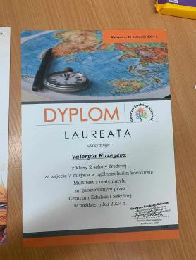 Dyplom laureata konkursu matematycznego