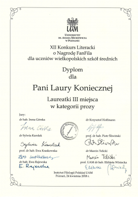 Laura Konieczna laureatką XII edycji  Konkursu Literackiego o Nagrodę FanFila