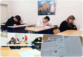 Kolaż zdjęć - uczniowie podczas konkursu Ogólnopolskiego Multitest Wiedzy Matematycznej